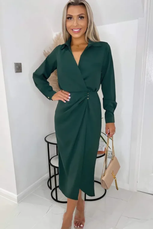 Teal Long Sleeve Side Ruched Wrap Over Midi Dress