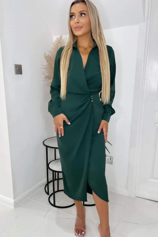 Teal Long Sleeve Side Ruched Wrap Over Midi Dress