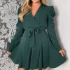 Teal Long Sleeve Tie Waist Skater Dress