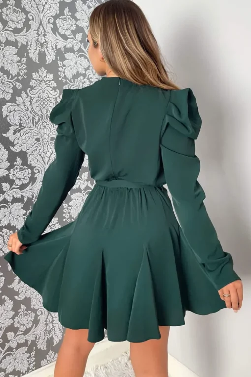 Teal Long Sleeve Tie Waist Skater Dress
