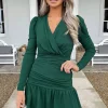 Teal Long Sleeve Wrap Top Ruched Mini Dress