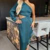 Teal One Shoulder Asymmetric Hem Cut Out Midi Dress