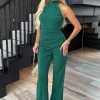 Teal Pleated Halter Neck Draped Waist Detail Jumpsuit