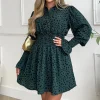 Teal Printed Shirred Detail Long Sleeve Shirt Skater Dress