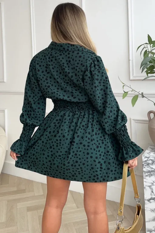 Teal Printed Shirred Detail Long Sleeve Shirt Skater Dress