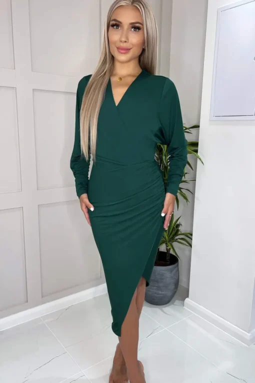 Teal Ruched Side Wrap Top Midi Dress