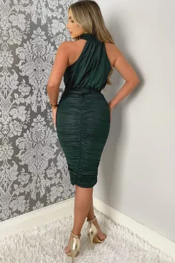 Teal Shimmer High Neck Ruched Bodycon Midi Dress