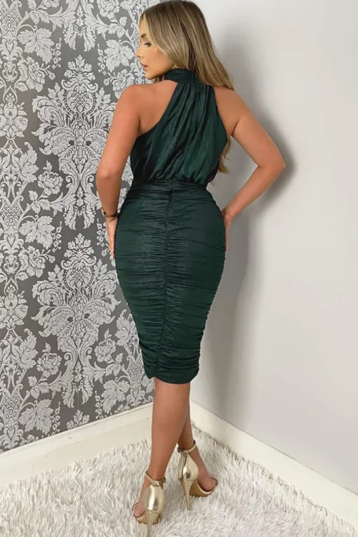 Teal Shimmer High Neck Ruched Bodycon Midi Dress