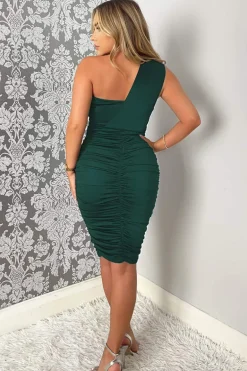 Teal Shoulder Ruched Bodycon Midi Dress