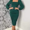 Teal Square Neck Ruched Long Sleeve Midi Dress