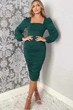 Teal Square Neck Ruched Long Sleeve Midi Dress