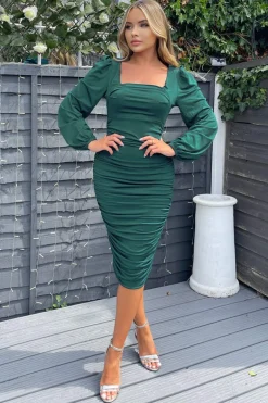 Teal Square Neck Ruched Long Sleeve Midi Dress