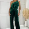 Teal Velvet One Shoulder Frill Belted Jumpsuit