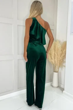 Teal Velvet One Shoulder Frill Belted Jumpsuit