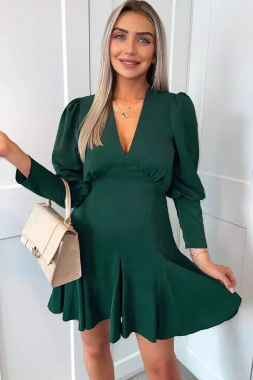 Teal V-Neck Long Sleeve Skater Dress
