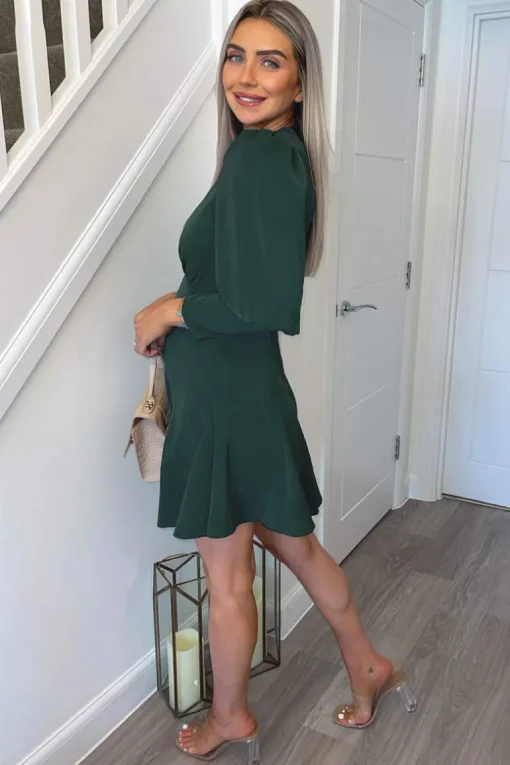Teal V-Neck Long Sleeve Skater Dress