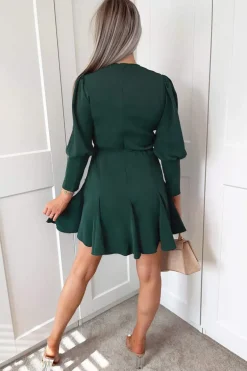 Teal V-Neck Long Sleeve Skater Dress