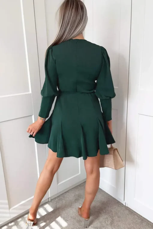 Teal V-Neck Long Sleeve Skater Dress