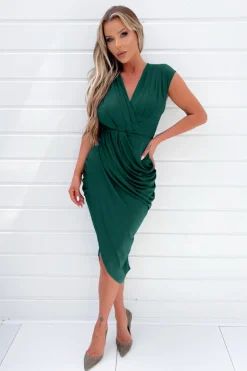 Teal Wrap Draped Midi Dress
