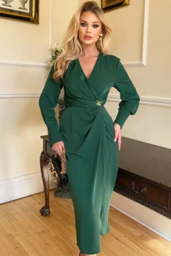 Teal Wrap Gold Buckle Midi Dress