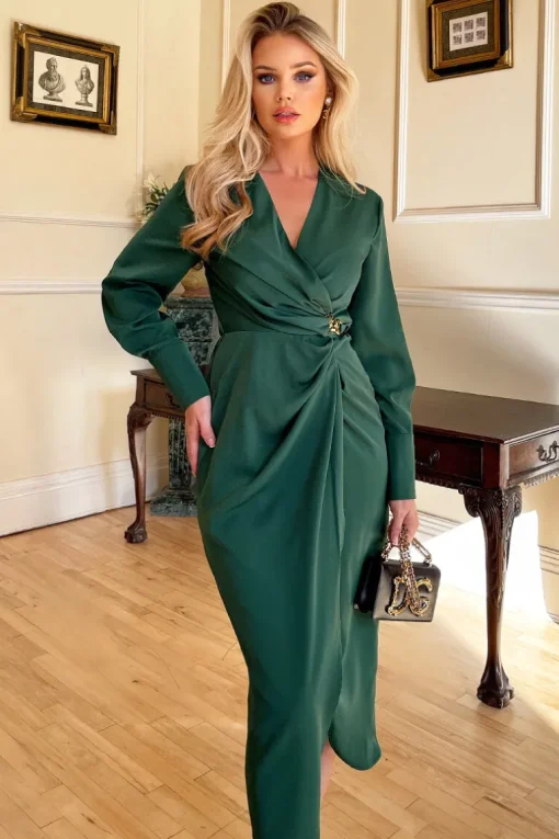 Teal Wrap Gold Buckle Midi Dress