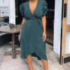 Teal Wrap Over Tie Midi Dress