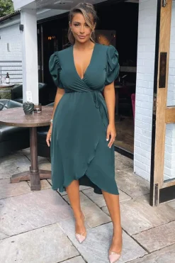 Teal Wrap Over Tie Midi Dress