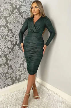 Teal Wrap Top Long Sleeve Ruched Shimmer Bodycon Midi Dress