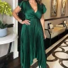 Teal Wrap Top Zig Zag Hem Pleated Midi Dress