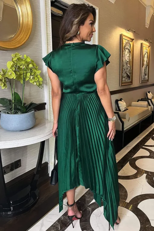 Teal Wrap Top Zig Zag Hem Pleated Midi Dress