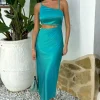Turquoise Asymmetric Cut Out Strappy Midi Dress