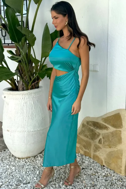 Turquoise Asymmetric Cut Out Strappy Midi Dress