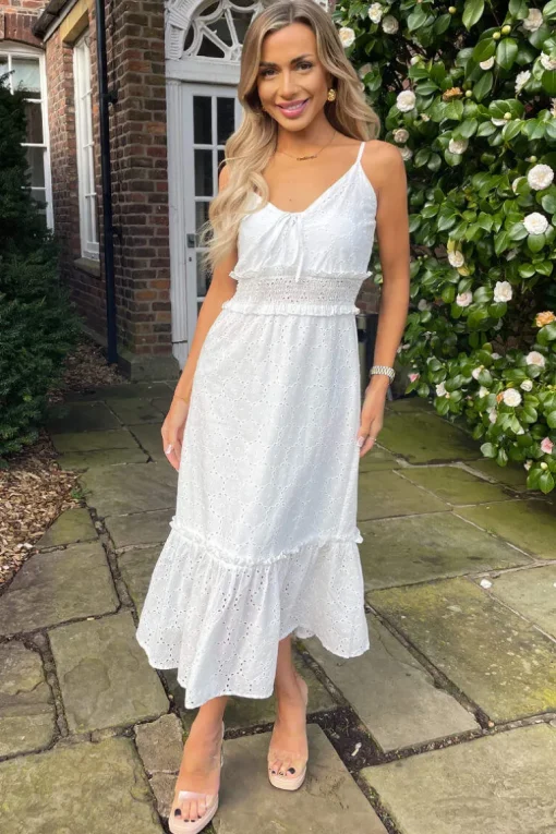 White Broderie Frill Hem Midi Dress