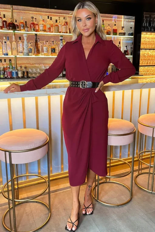 Wine Belted Wrap Midi Shirt Dress