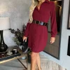 Wine Button Front Belted Shirt Mini Dress