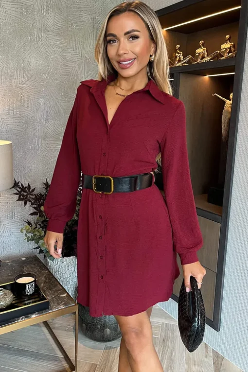 Wine Button Front Belted Shirt Mini Dress