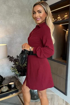 Wine Button Front Belted Shirt Mini Dress