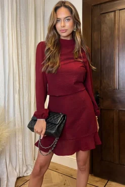 Wine High Neck Long Sleeve Mini Dress
