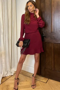 Wine High Neck Long Sleeve Mini Dress