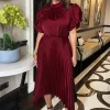 Wine High Neck Puff Sleeve Zig Zag Hem Pleated Midi Dress