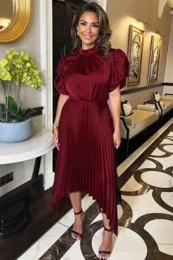 Wine High Neck Puff Sleeve Zig Zag Hem Pleated Midi Dress