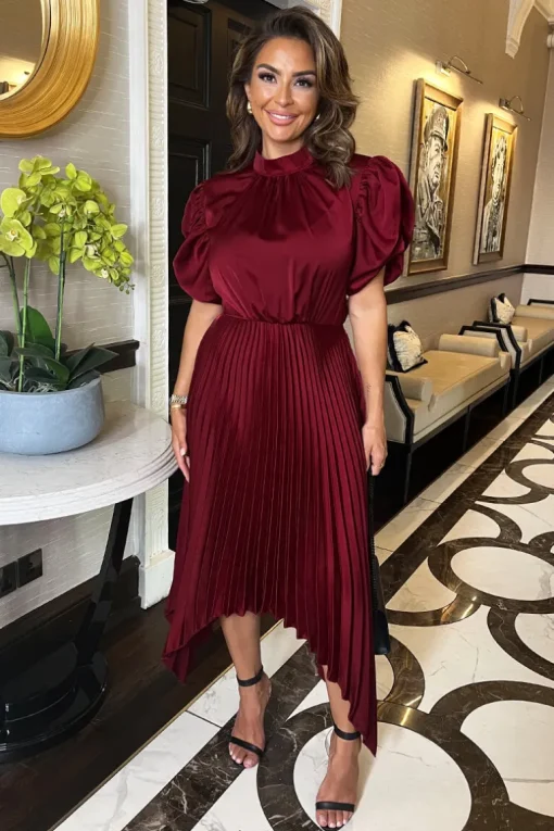 Wine High Neck Puff Sleeve Zig Zag Hem Pleated Midi Dress