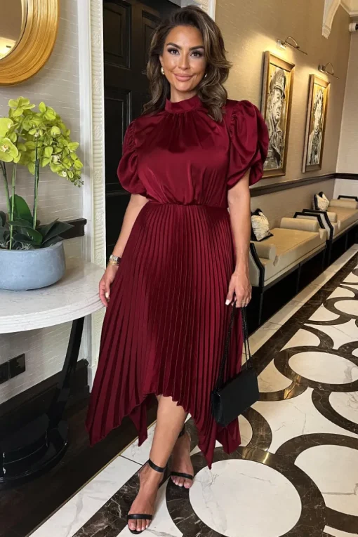 Wine High Neck Puff Sleeve Zig Zag Hem Pleated Midi Dress
