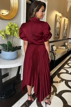 Wine High Neck Puff Sleeve Zig Zag Hem Pleated Midi Dress