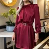 Wine Long Sleeve Belted Skater Mini Dress