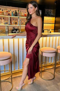 Wine One Shoulder Knot Skirt Satin Midi Dress
