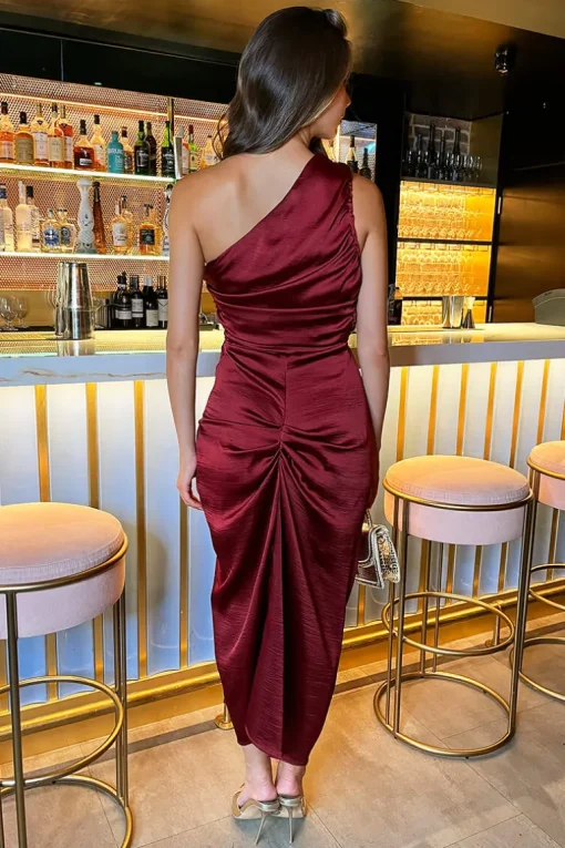 Wine One Shoulder Knot Skirt Satin Midi Dress