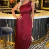 Wine One Shoulder Pleated Satin Midi Dress