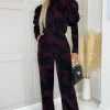 Wine Printed High Neck Puff Sleeve Jumpsuit