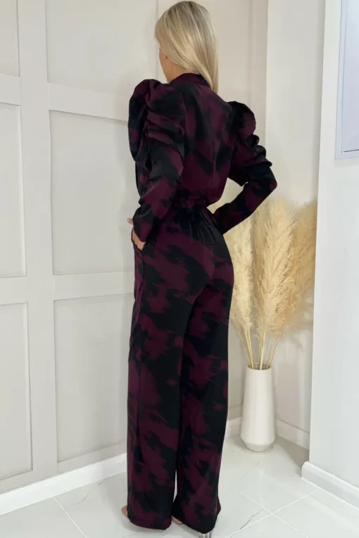 Wine Printed High Neck Puff Sleeve Jumpsuit